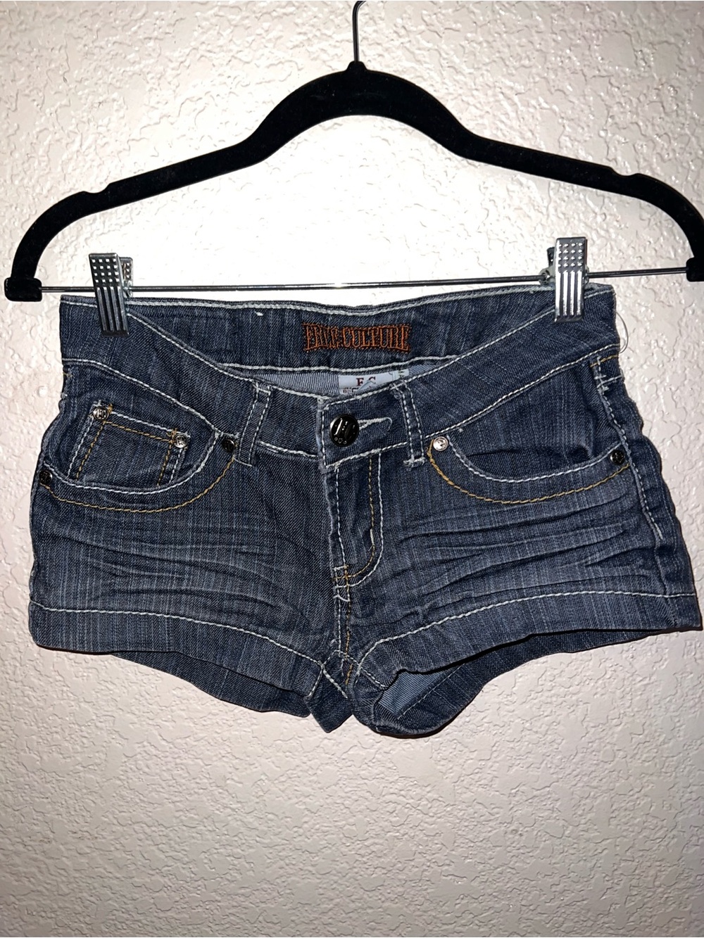 Y2K Low-Rise Dark Blue Denim Jean Shorts - Embroidered Waistband